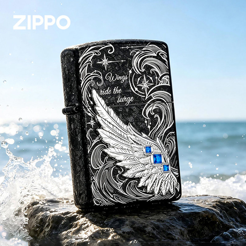 zippo正版打火机 逐浪之翼热恋之翼镶钻黑裂冰雕刻生日礼物送男士