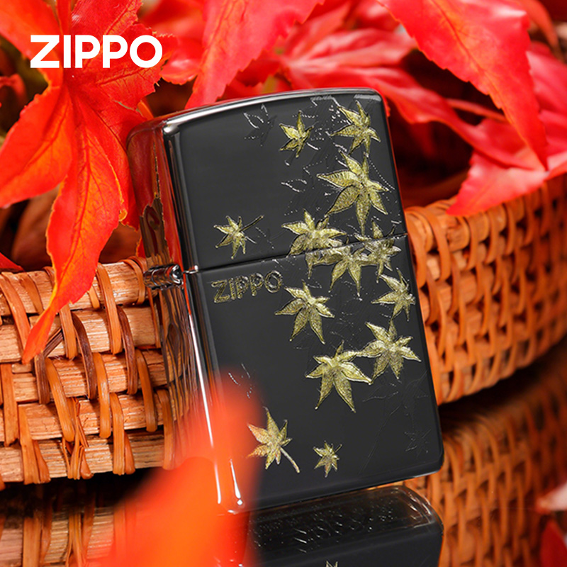 zippo打火机黑冰深雕金枫染秋