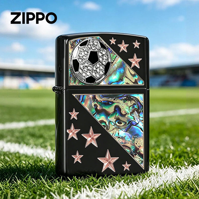 zippo正品打火机 黑冰精雕彩贝贴章 足球 星耀绿茵 防风煤油火机
