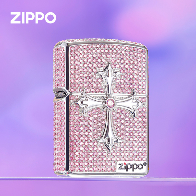 zippo打火机 粉钻十字架镀银镶钻 正品煤油防风火机 送女生男礼物