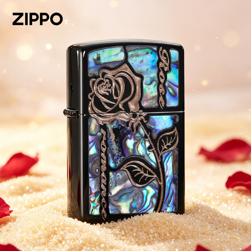 zippo正版打火机 黑冰彩贝镶嵌 浪漫玫瑰 之宝正品七夕礼物送男生