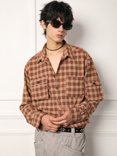 BOTANE clean 复古格纹立体多口袋美式 衬衫 fit 毛边长袖 COMMENSAL