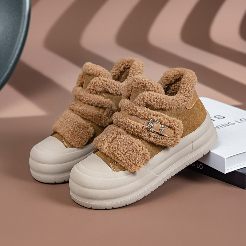 厚底毛毛鞋高帮棉鞋女2025冬款轻便防滑魔术贴加绒保暖大码板鞋女
