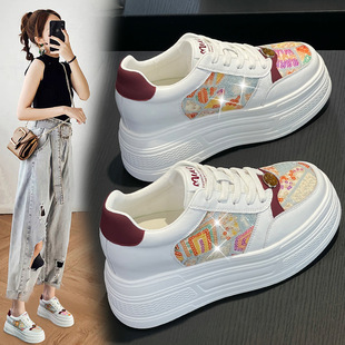 真皮网面女单鞋 内增高小白鞋 韩版 9cm松糕底透气板鞋 女2025秋新款