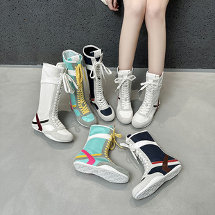 2025春夏款真皮高帮侧拉链软底休闲内增高时尚拼色绑带平底长靴