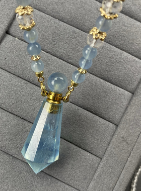 天然海蓝宝灵摆香水瓶吊坠装精油香水液体粉末毛衣链项链吊坠