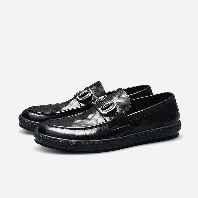 手抓纹真皮一脚蹬乐福鞋