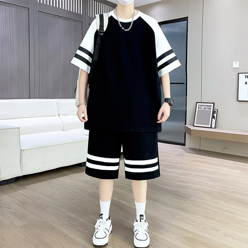 夏季条纹拼接短袖短裤运动套装