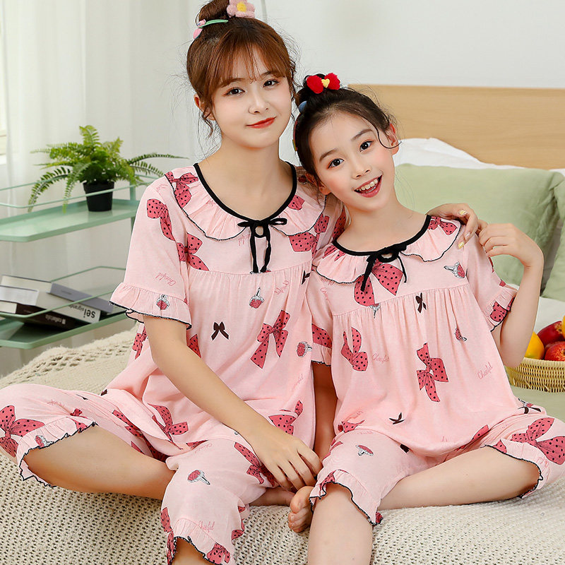 夏季母女绵绸家居服套装
