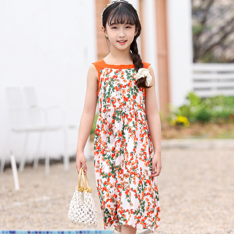 夏季新款女童棉绸睡裙吊带公主裙洋气中大童小女孩超仙碎花连衣裙