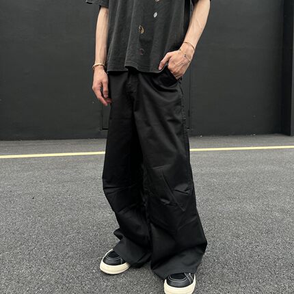 复古垂感高级感褶皱弯刀西裤男美式街头宽松百搭阔腿通勤休闲裤潮