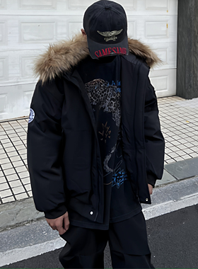 美式复古字母刺绣派克服纽扣毛领拆卸棉衣棉服男女冬季加厚外套潮