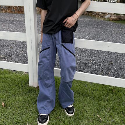 美式复古高街水洗做旧设计感交叉多口袋工装裤弯刀阔腿园丁裤子男