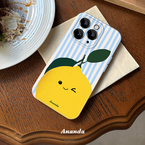 可爱水果柠檬蓝白条纹iphone14苹果16Promax手机壳高级菲林裸机手感15亮面清爽14保护套13小众不撞款华为vivo