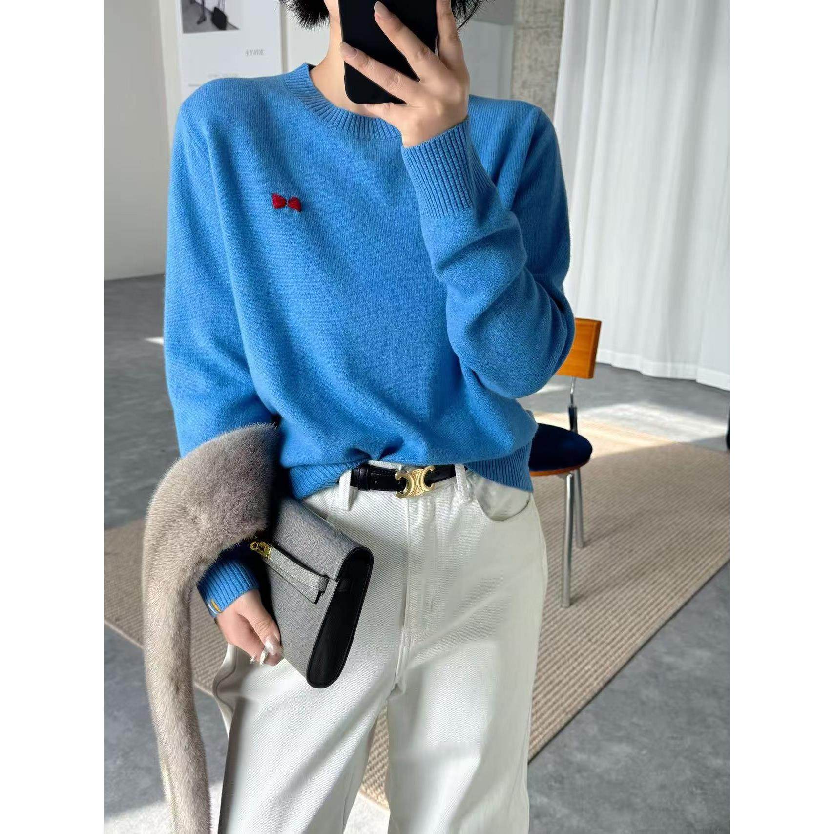 定制100羊毛衫2025春新款时尚百搭圆领长袖针织衫女宽松显瘦上衣