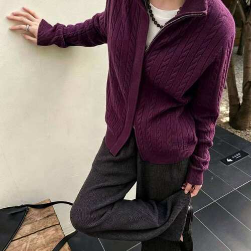 羊毛衫100秋冬上衣紫色立领麻花拉链针织开衫女秋冬宽松毛衣外套
