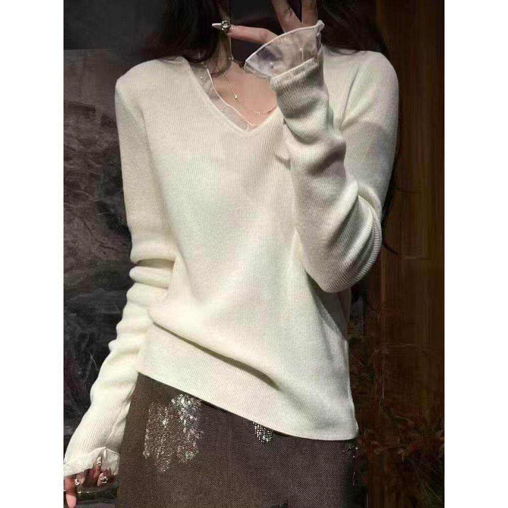 定制100羊毛衫2025春季新款时尚百搭V领长袖针织衫女宽松显瘦上衣