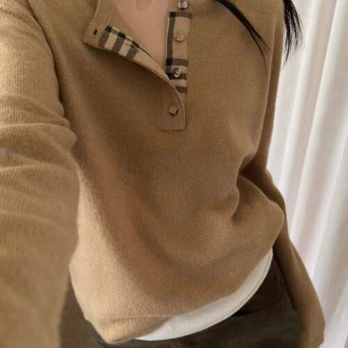 羊毛衫100冬慵懒风半开领针织衫女秋冬宽松通勤毛衣保暖长袖上衣
