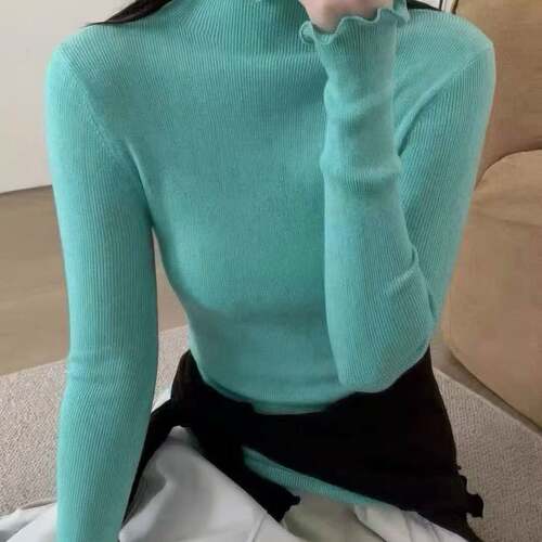 羊毛衫100半高领木耳边针织衫女修身显瘦百搭毛衣打底衫绿色长袖