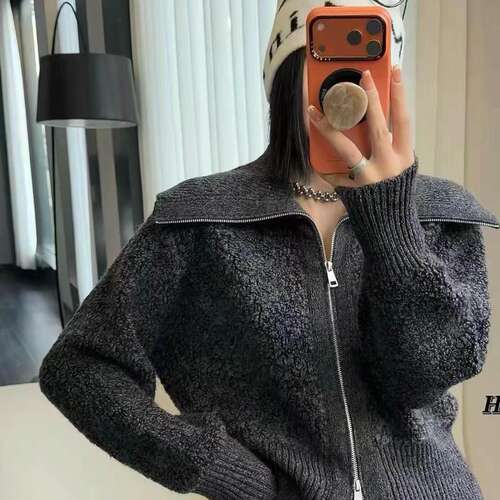 羊毛衫100上衣老钱风大翻领拉链针织开衫女灰色休闲减龄毛衣外套