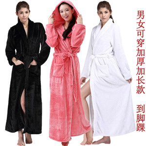 珊瑚绒黑色睡衣法兰绒大码睡袍女冬加厚加长款连帽浴袍情侣家居服