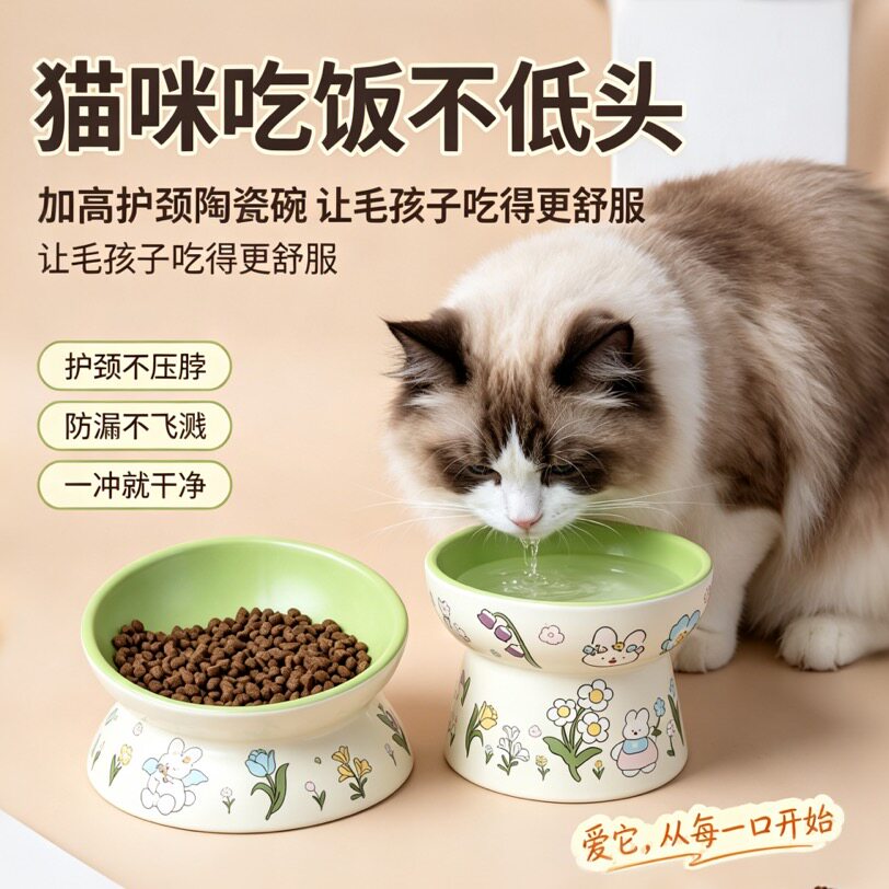 绿兔子花边陶瓷猫碗防黑下巴猫罐头食盆狗粮碗猫咪防打翻喂水