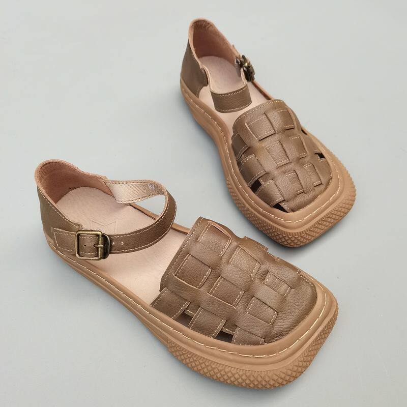 真皮纯皮女凉鞋外贸大头层牛皮宽胖肥脚手工线缝制包头跟休闲凉鞋