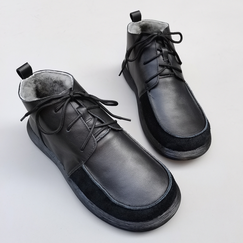 头层牛皮羊毛防滑短靴中高帮男鞋