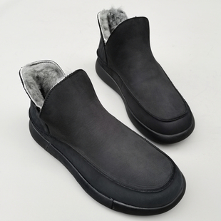 羊皮毛一体男鞋真皮纯羊毛外贸防滑软底一脚蹬高帮大棉雪地短靴冬