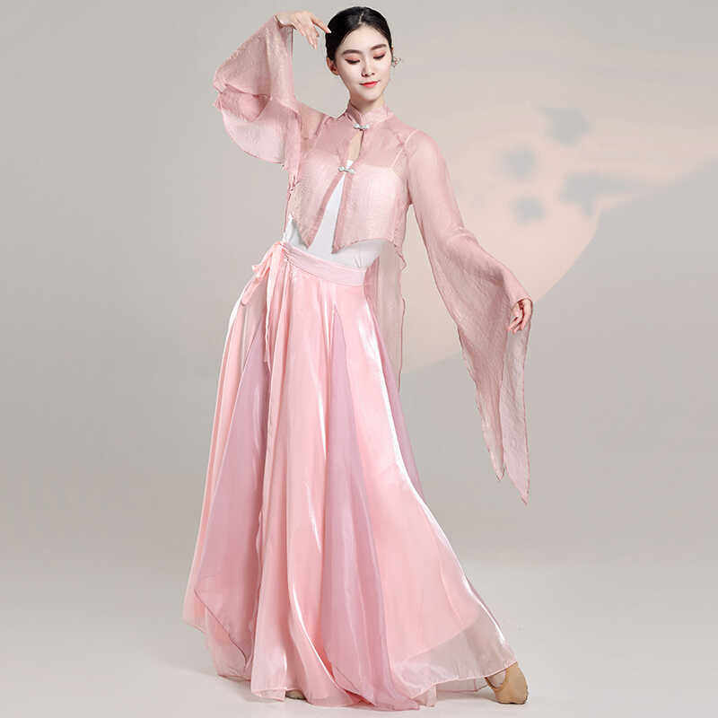 古典舞蹈长袖纱衣女外披两层大摆半身裙飘逸粉色流金演出服图片