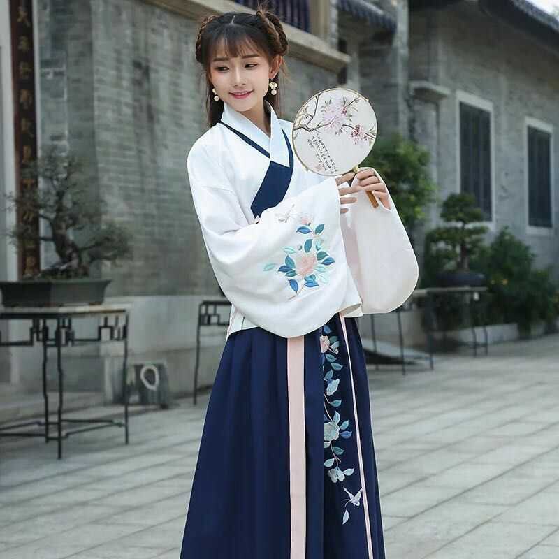 汉服女日常春装传统绣花长裙交领民族服装/舞台装