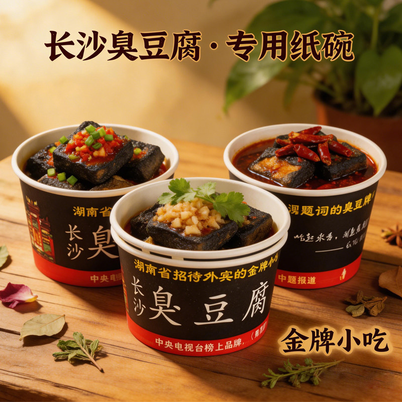 一次性老长沙臭豆腐纸碗圆形商用盒子专用碗打包碗盒子带盖纸盒