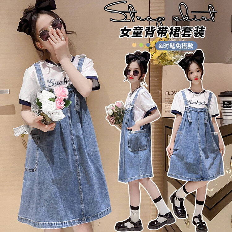 印花短袖牛仔背带裤夏季女套装