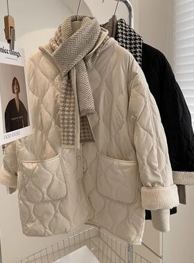 无领羊羔毛拼接轻薄冬季韩版宽松小香风菱格保暖bf棉衣棉服女外套