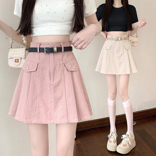 百褶半身裙女2026春夏高腰气质休闲显瘦短裙送腰带A字裙伞裙