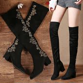 国风旗袍鞋 清仓 民族风绣花鞋 复古风女靴子女绣花靴 黑色 缺码