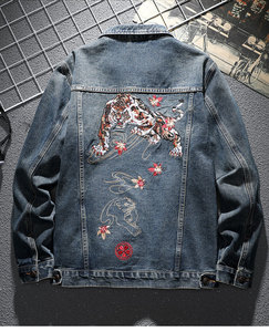 牛仔夹克男春秋季休闲潮牌绣花高端男士帅气外套复古翻领修身上衣