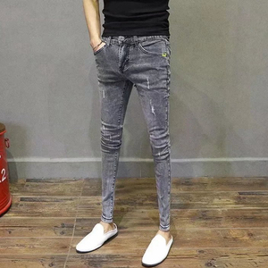 秋季潮男修身小脚韩版高弹力紧身灰色九分裤痞帅精神小伙牛仔裤男