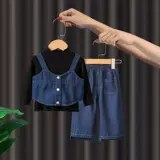 Весенний демисезонный джинсовый комплект для девочек, в корейском стиле, в западном стиле, эффект подтяжки, 3 предмета