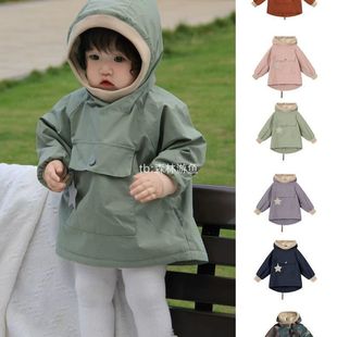 儿童罩衣秋冬新款三防薄绒罩衫男女童宝宝冬季连帽风衣外套耐脏