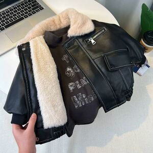 男童加绒皮衣男孩冬季加厚外套儿童兔毛里夹克男宝宝冬装保暖棉袄