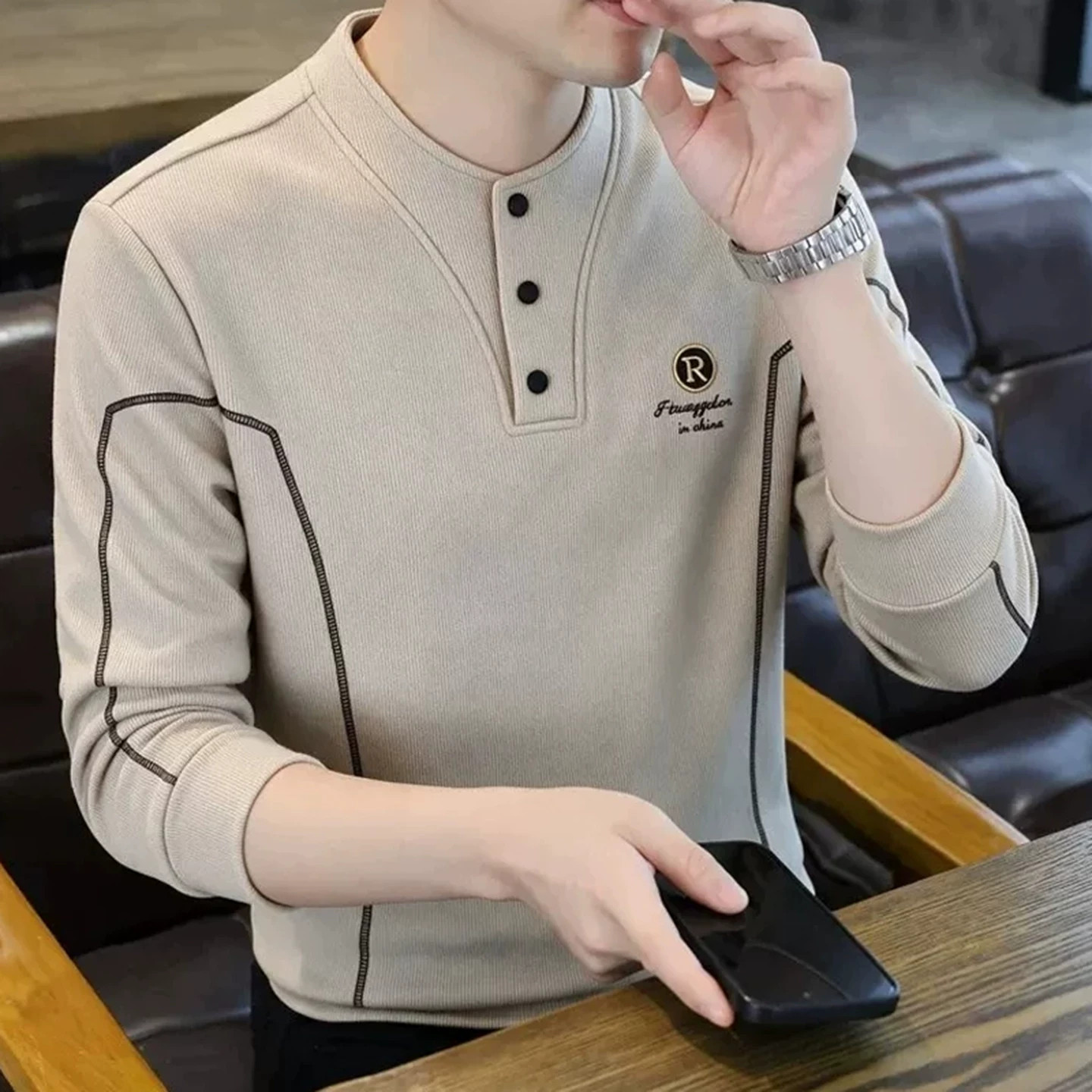 芸菲汇衣坊男装高档男士秋季立领半开襟长袖休闲百搭卫衣气质上衣