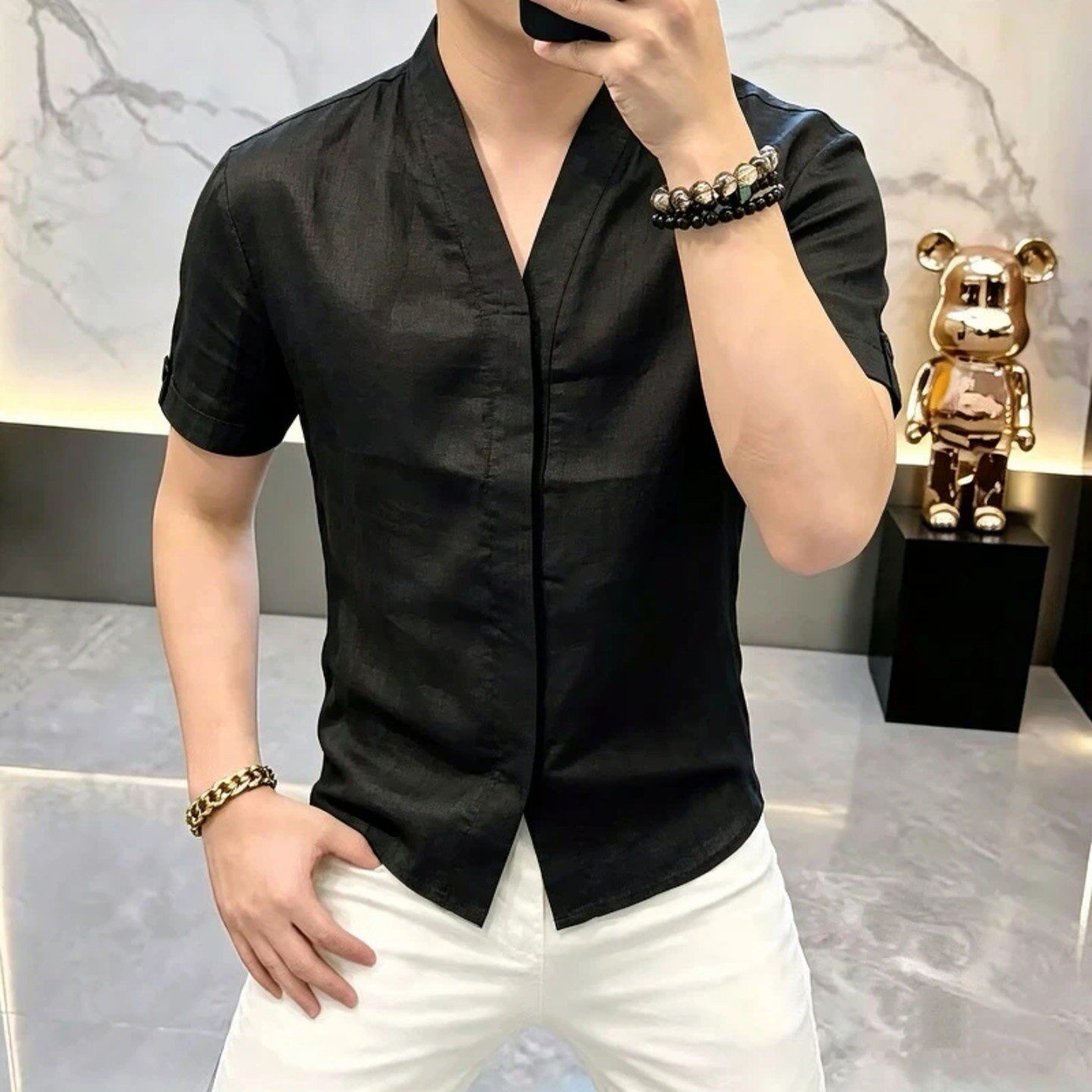 宏嫩男士轻奢衬衫高档夏季男士无领暗扣短袖半袖衬衣宏嫩优购男装