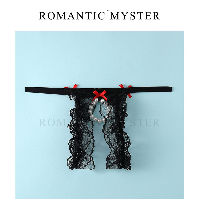 入谜 男款蕾丝蝴蝶结珍珠性感镂空纯欲丁字裤健身运动型内裤T裤