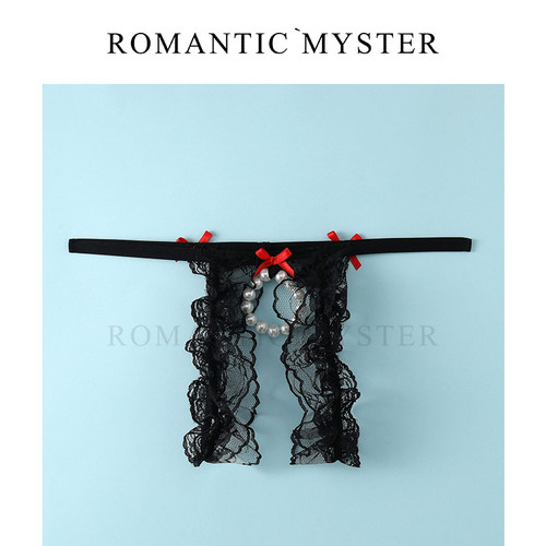 入谜 男款蕾丝蝴蝶结珍珠性感镂空纯欲丁字裤健身运动型内裤T裤