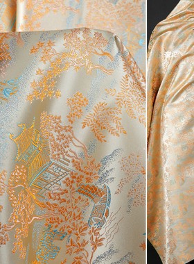 亭台楼阁织锦缎提花面料 橙黄色 柔软亲肤丝滑光泽外套设计师布料