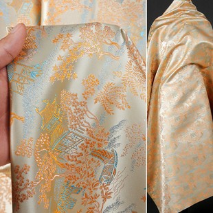 亭台楼阁织锦缎提花面料 橙黄色 柔软亲肤丝滑光泽外套设计师布料