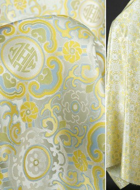 如意纹织锦缎提花面料 黄色 中国风 汉服外套马甲连衣裙服装布料
