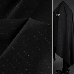 黑色 银丝条纹TR棉西装面料 重磅西服外套连衣裙经典亮丝条子布料