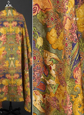 黄色 大象吉象如意香云纱花萝面料 新中式旗袍连衣裙裤子提花布料